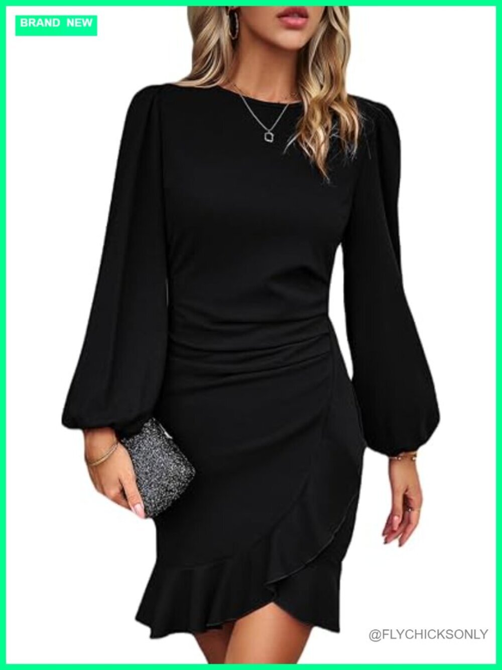 Ruched Lantern Sleeve Bodycon Mini Dress Tulip Sheath Work Cocktail